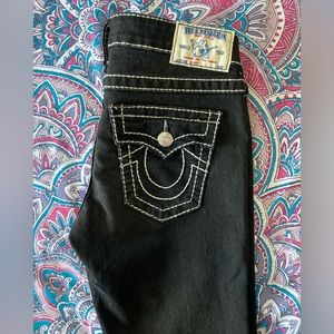 TRUE RELIGION women’s low rise black skinny jeans with white stitching